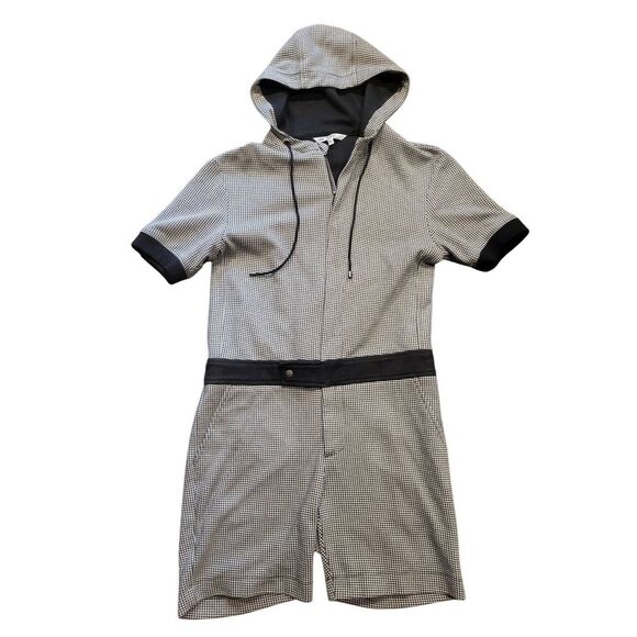 Mr. Turk Short Jumpsuit Men's Medium Black White Houndstooth Hooded Resort - Picture 3 of 9